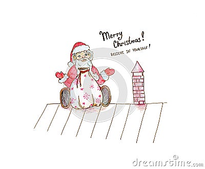 Christmas hand drawn illustration about funny cartoon sitting Santa Claus Cartoon Illustration