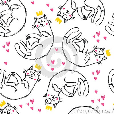 Hand drawn funny cats with hearts in sketch style Vector Illustration