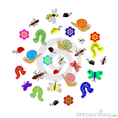 Hand Drawn Funny Doodle Insects arranged in a shape of circle. Colorful and Cute caterpillars, worms, butterflies, bees, ants Vector Illustration