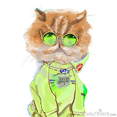 Hand-drawn funny fashion illustration of a Persian cat, in a trendy neon lime green outfit Cartoon Illustration