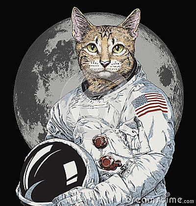 Hand drawn funny hipster cat astronaut vector illustration Vector Illustration