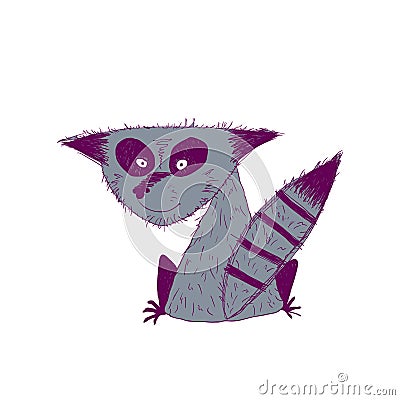 Hand drawn funny and silly raccoon sitting with his back Vector Illustration