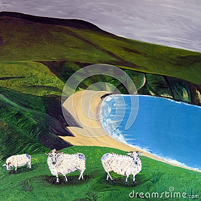 Oil painting Sheep on the beach by artist Anastasiia Popova Stock Photo