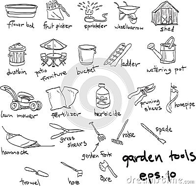 Hand drawn garden tools, doodles Vector Illustration