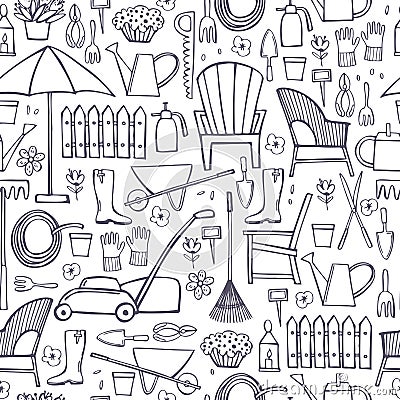 Hand drawn garden tools and furniture. Vector seamless pattern Vector Illustration