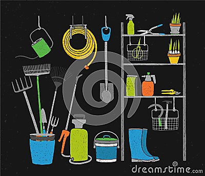 Hand drawn gardening tools and potted plants storing on shelving, standing and hanging beside it on black background Vector Illustration