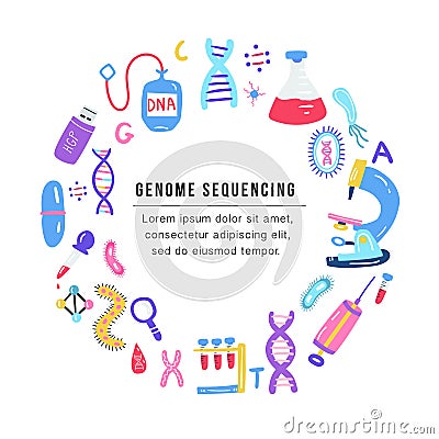 Hand drawn genome sequencing concept. Human dna research technology symbols. Vector Illustration