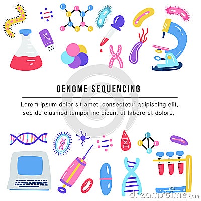 Hand drawn genome sequencing concept. Human dna research technology symbols. Vector Illustration