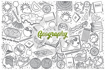 Hand drawn Geography doodle set with lettering Vector Illustration