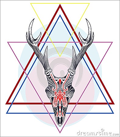 Hand drawn geometric label with deer skull with antlers textured Cartoon Illustration