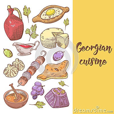 Hand Drawn Georgian Food Menu Cover. Georgia Traditional Cuisine with Dumpling and Khinkali Vector Illustration