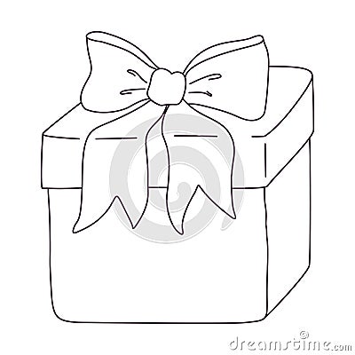 Hand drawn gift box with bow. Birthday present. Outline doodle vector black and white illustration isolated on a white Vector Illustration