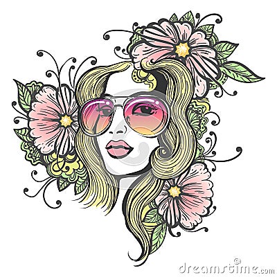 Hand Drawn Girl Face with Flowers Cartoon Illustration