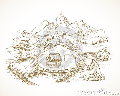 Hand Drawn Glamping Landscape Vector Illustration. Cozy Outdoor Vacation Tent with Stylish Armchair, Mountains and Trees Vector Illustration