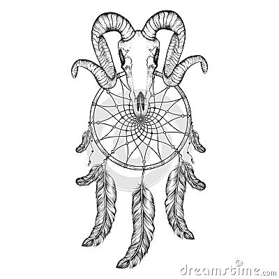 Hand Drawn goat skull doodle vector illustration. Dotwork fullfa Vector Illustration