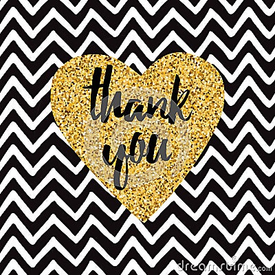 Hand drawn gold sparkle heart, text thank you on zig zag seamless pattern Stock Photo