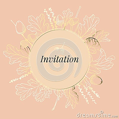 Hand drawn golden oak leaves ,acorns and oak flower on pink background with circle frame Vector Illustration