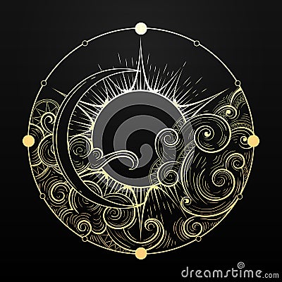 Hand Drawn Golden Sun and Moon with Cloud Esoteric Symbol. Vector illustration Vector Illustration