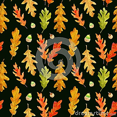 Watercolor autumn oak leaves and acorns seamless pattern on black Stock Photo