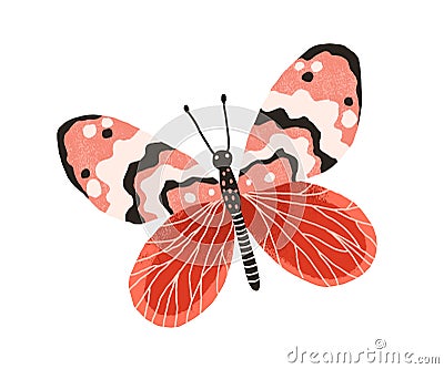 Hand drawn gorgeous butterfly with bright wings and antennae. Colored beautiful flying moth. Colorful flat textured Vector Illustration