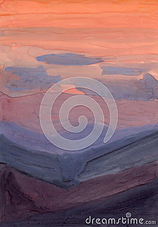 Hand drawn gouache and watercolor illustration. Nature landscape. Red sky. Gray and brown mountains. Simple abstract style. Childr Cartoon Illustration