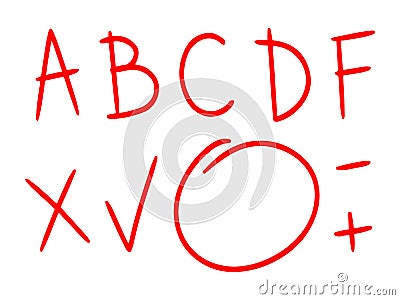 Hand drawn grading doodle elements set. Red grades illustrations, simple elements. Knowledge testing, exam Vector Illustration