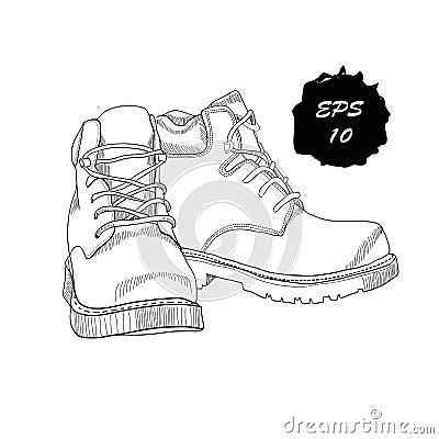 Hand drawn graphic Men winter boots on white background. Casual style of footwear. Doodle Design isolated object for Vector Illustration