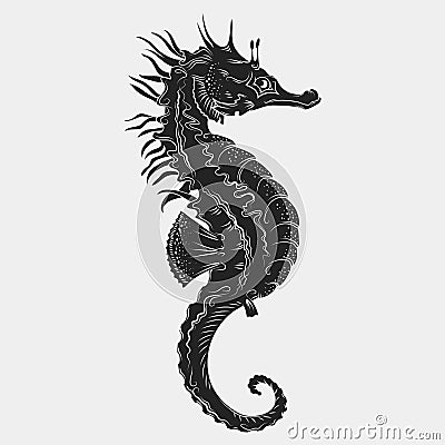 Hand drawn graphic seahorse. Vector illustration. Tattoo sketch. Sea collection. on a white background Vector Illustration