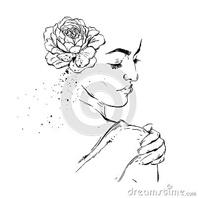 Hand drawn graphic vector ink brush painted textured woman feminine figure with flower in hair illustration isolated on Vector Illustration