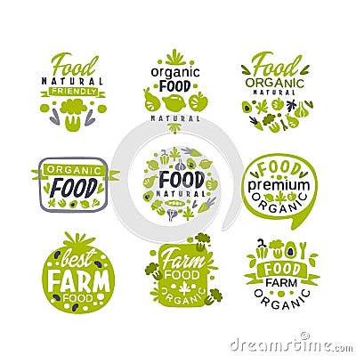 Hand drawn gray and green organic healthy food logo set. Fresh farm products. Creative labels with vegetables and fruits Vector Illustration