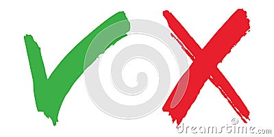 Hand drawn of Green check mark and Red cross isolated. Right and wrong icon. Vector illustration Vector Illustration