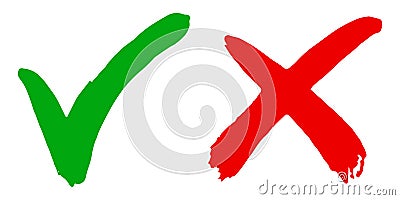 Hand drawn of Green check mark and Red cross isolated. Right and wrong icon. Vector illustration Vector Illustration