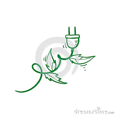 Hand drawn Green energy electricity, electric plug icon sign with cord plant leaves doodle Vector Illustration