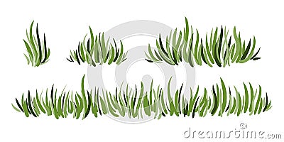 Hand drawn green grass set isolated on white background. Horizontal borders. Vector Illustration