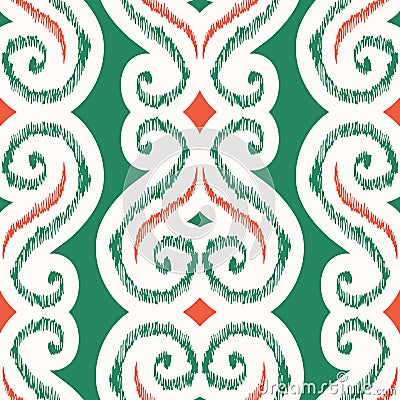 Hand-Drawn Green and Red Heart Shape Traditional Ikat Vector Seamless Pattern Vector Illustration