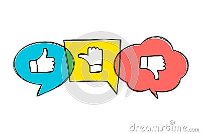 Hand drawn green, red and yellow speech bubbles with thumbs up and down. Vector Illustration