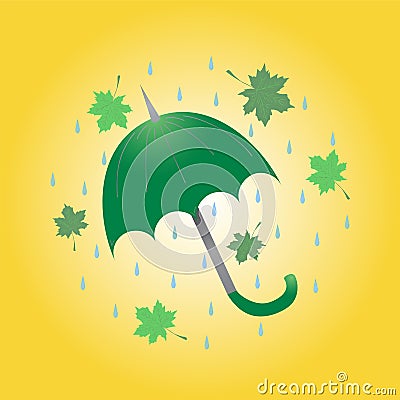 Hand Drawn Green Umbrella, Maple Leaves and Drops Arranged in a Circle. Flat Style Vector Illustration