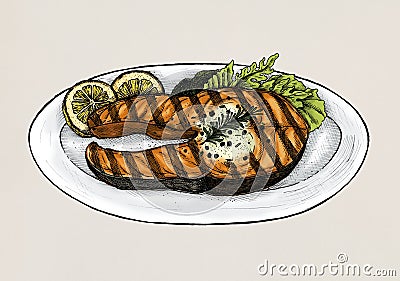 Hand drawn grilled fish steak Stock Photo