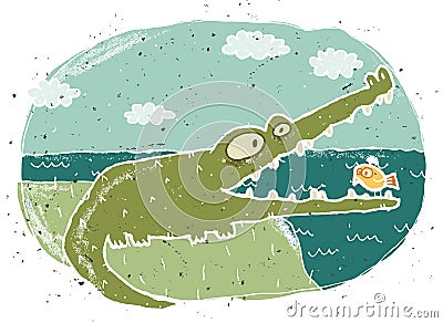 Hand drawn grunge illustration of cute crocodile on background Vector Illustration