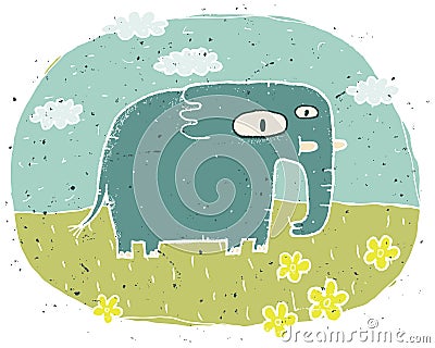 Hand drawn grunge illustration of cute elephant on background wi Vector Illustration