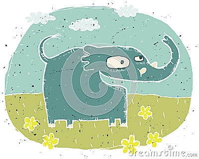 Hand drawn grunge illustration of cute elephant on background wi Vector Illustration