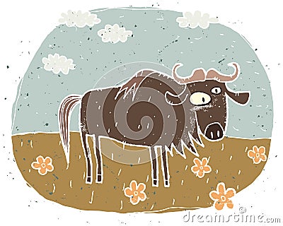 Hand drawn grunge illustration of cute gnu on background with fl Vector Illustration