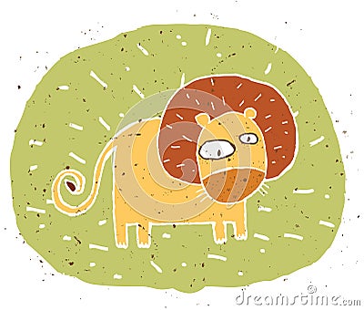 Hand drawn grunge illustration of cute lion on background Vector Illustration