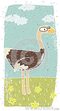 Hand drawn grunge illustration of cute ostrich on background wit Vector Illustration