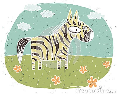 Hand drawn grunge illustration of cute zebra on background with Vector Illustration