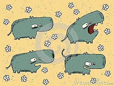 Hand drawn grunge illustration set of four cute hippos on background with flowers Vector Illustration