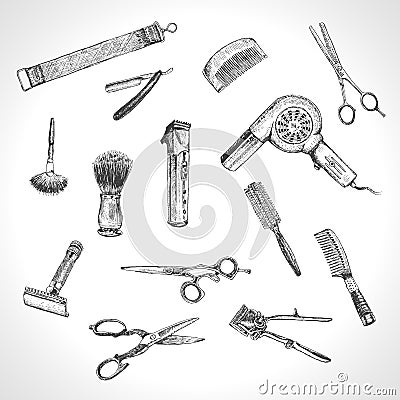 Hand drawn hairdressers professional tools. Barber Stylist Tools set Vector Illustration