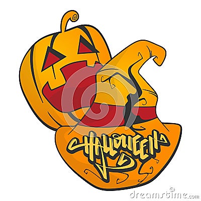 Hand Drawn Halloween Letter with Pumpkin and Horror Tree in the Magic Hat Vector Illustration