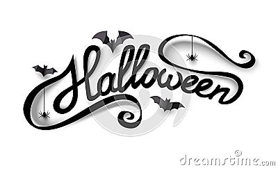 Hand drawn Halloween lettering with paper bats and spiders. Calligraphy and brush pen lettering with 3d effect. Vector Illustration