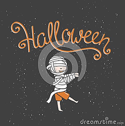 Hand drawn Halloween lettering with zombie boy. Vector Illustration